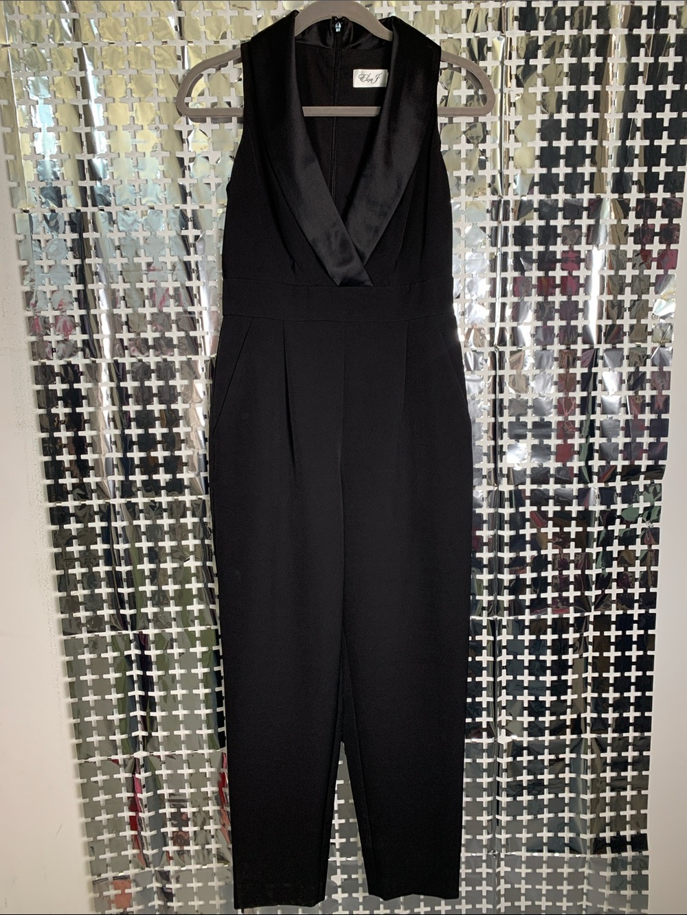 Eliza J Black Sleeveless Satin-Trim Jumpsuit